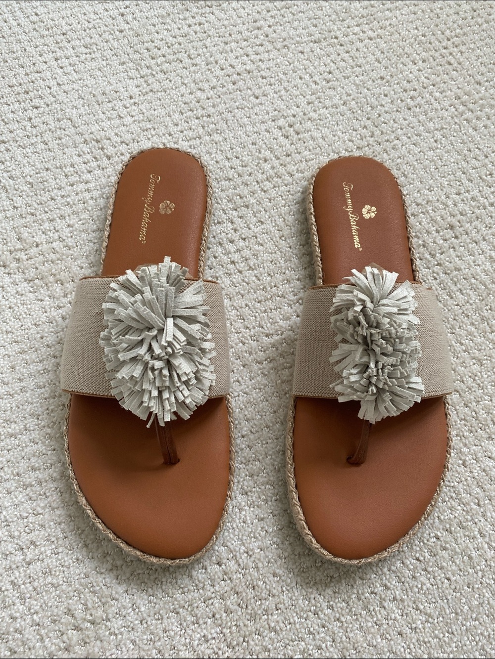 Tommy Bahama Tan Footbed Beige Pom-Pom Slide Sandals for Women